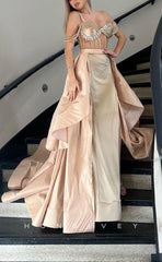 L1672 - Sexy Satin Off-Shoulder Beaded Illusion Empire Train Party Prom Evening Dress