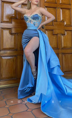 L1673 - Sexy A-Line Satin Sweetheart Strapless Sleeveless Empire With Side Slit Train Party Prom Evening Dress