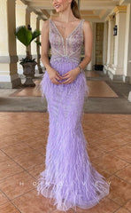 L1674 - Sexy Fitted Glitter V-Neck Straps Illusion Feathers Appliques Party Prom Evening Dress