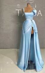 L1675 - Sexy Satin A-Line Square Straps Empire Ruched With Side Slit Party Prom Evening Dress