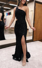 L1680 - Sexy Fitted Glitter Satin Off-Shoulder Sleeveless Appliques Bead-Fringed With Side Slit Prom Evening Dress