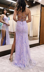 L1681 - Sexy Fitted Satin Glitter V-Neck Spaghetti Straps Empire With Side Slit Party Prom Evening Dress