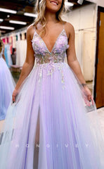 L1682 - Sexy Tulle A-Line V-Neck Spaghetti Straps Empire Floral With Side Slit Party Prom Evening Dress