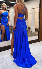 L1683 - Sexy Fitted Glitter One Shoulder Empire Ruched Beaded With Side Slit Party Prom Evening Dress