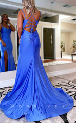 L1690 - Sexy Satin Trumpt Bateau Spaghetti Straps Empire With Side Slit Train Party Prom Evening Dress