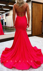 L1691 - Sexy Satin Trumpt Glitter V-Neck Spaghetti Straps Empire With Train Party Prom Evening Dress