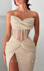 L1694 - Sexy Fitted Glitter Illusion Asymmetrical Strapless Pleats With Side Slit Party Prom Evening Dress