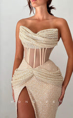 L1694 - Sexy Fitted Glitter Illusion Asymmetrical Strapless Pleats With Side Slit Party Prom Evening Dress