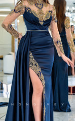 L1698 - Sexy Fitted Glitter Satin Empire High Neck Long Sleeve Ruched With Side Slit Party Prom Evening Dress