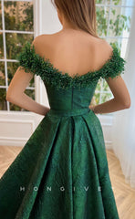 L1702 - Sexy Satin A-Line Off-Shoulder Empire Belt Beaded With Side Slit Party Prom Evening Dress