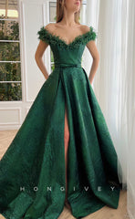 L1702 - Sexy Satin A-Line Off-Shoulder Empire Belt Beaded With Side Slit Party Prom Evening Dress