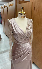L1705 - Sexy Fitted Satin V-Neck Long Sleeve Empire Pleats Sequined Party Prom Evening Dress
