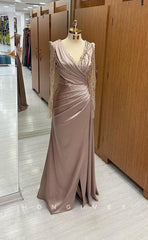 L1705 - Sexy Fitted Satin V-Neck Long Sleeve Empire Pleats Sequined Party Prom Evening Dress