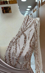 L1705 - Sexy Fitted Satin V-Neck Long Sleeve Empire Pleats Sequined Party Prom Evening Dress