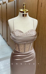 L1706 - Sexy Satin Fitted Illusion Sweetheart Spaghetti Straps Empire Ruched Party Prom Evening Dress