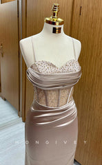 L1706 - Sexy Satin Fitted Illusion Sweetheart Spaghetti Straps Empire Ruched Party Prom Evening Dress