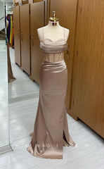L1706 - Sexy Satin Fitted Illusion Sweetheart Spaghetti Straps Empire Ruched Party Prom Evening Dress