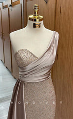 L1707 - Sexy Fitted Satin Glitter One Shoulder Empire Beaded With Train Party Prom Evening Dress