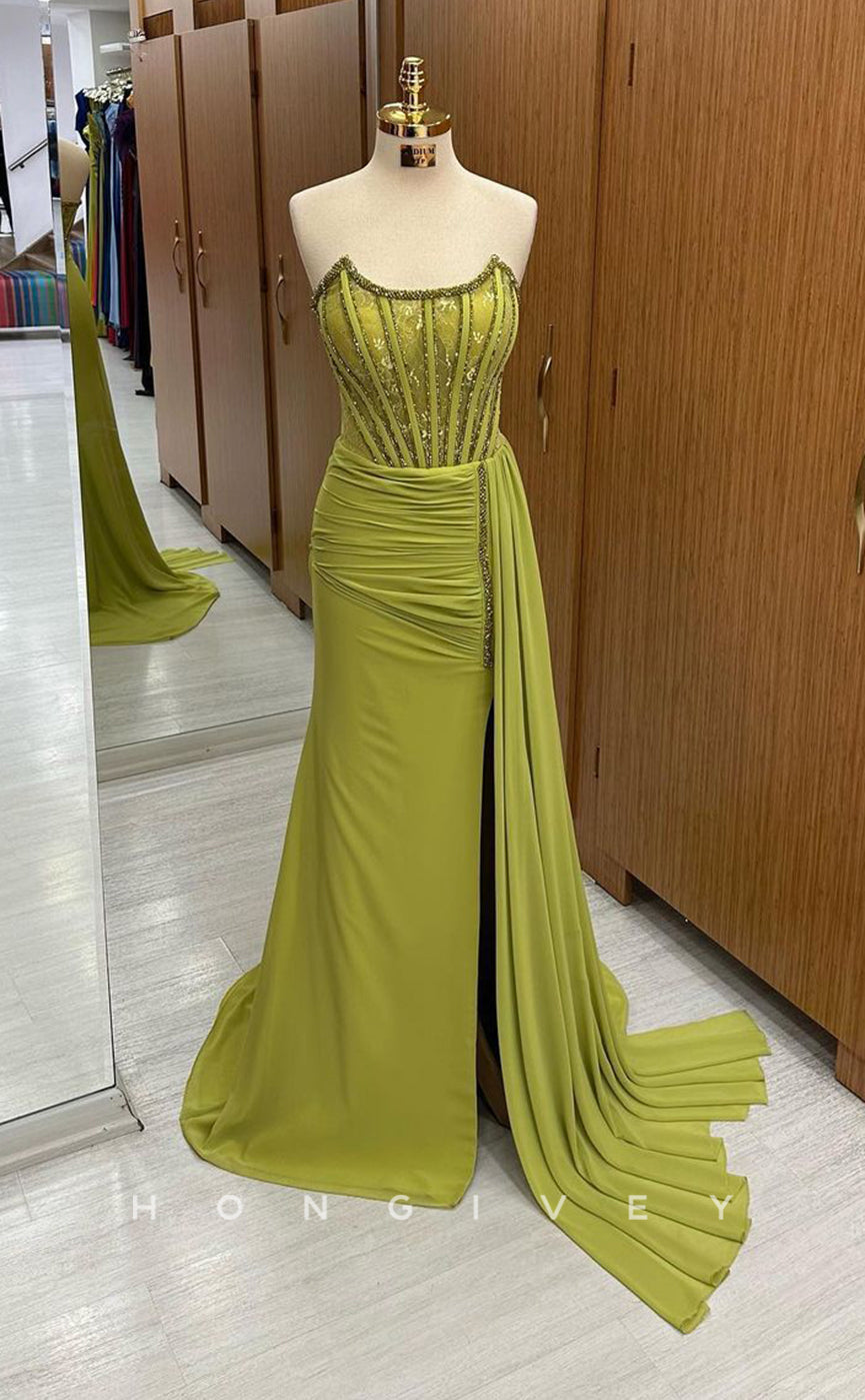 L1709 - Sexy Fitted Satin Glitter Bateau Sleeveless Empire Ruched With Train Party Prom Evening Dress