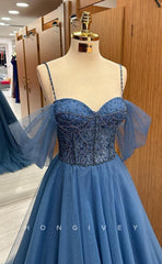L1711 - Sexy Tulle A-Line Off-Shoulder Spaghetti Straps Empire Appliques Party Prom Evening Dress
