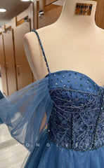 L1711 - Sexy Tulle A-Line Off-Shoulder Spaghetti Straps Empire Appliques Party Prom Evening Dress