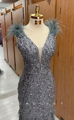 L1712 - Sexy Fitted Glitter V-Neck Straps Feathers Sequined Party Prom Evening Dress
