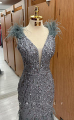 L1712 - Sexy Fitted Glitter V-Neck Straps Feathers Sequined Party Prom Evening Dress