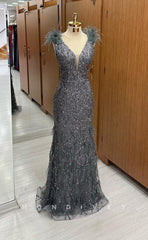 L1712 - Sexy Fitted Glitter V-Neck Straps Feathers Sequined Party Prom Evening Dress