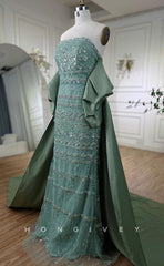 L1713 - Sexy Fitted Glitter Strapless Sleeveless Sequined Beaded With Train Party Prom Evening Dress