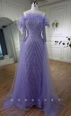L1714 - Sexy Fitted Glitter Off-Shoulder Long Sleeve Feathers Beaded Party Prom Evening Dress