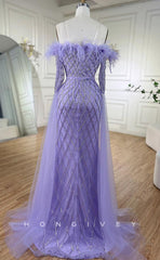 L1714 - Sexy Fitted Glitter Off-Shoulder Long Sleeve Feathers Beaded Party Prom Evening Dress