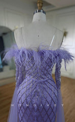 L1714 - Sexy Fitted Glitter Off-Shoulder Long Sleeve Feathers Beaded Party Prom Evening Dress