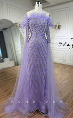 L1714 - Sexy Fitted Glitter Off-Shoulder Long Sleeve Feathers Beaded Party Prom Evening Dress