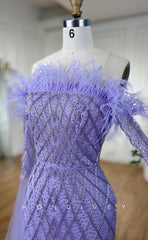 L1714 - Sexy Fitted Glitter Off-Shoulder Long Sleeve Feathers Beaded Party Prom Evening Dress