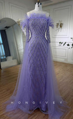 L1714 - Sexy Fitted Glitter Off-Shoulder Long Sleeve Feathers Beaded Party Prom Evening Dress