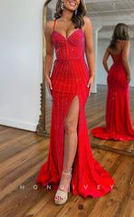 L1715 - Sexy Fitted Satin Glitter Sweetheart Spaghetti Straps Beaded Party Prom Evening Dress