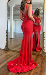 L1715 - Sexy Fitted Satin Glitter Sweetheart Spaghetti Straps Beaded Party Prom Evening Dress