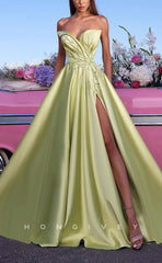 L1716 - Sexy Satin A-Line Asymmetrical Sleeveless Empire Ruched Sequined With Side Slit Party Prom Evening Dress