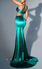 L1718 - Sexy Fitted Satin Halter Spaghetti Straps Illusion Beaded With Side Slit Party Prom Evening Dress