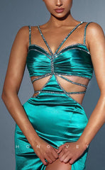 L1718 - Sexy Fitted Satin Halter Spaghetti Straps Illusion Beaded With Side Slit Party Prom Evening Dress