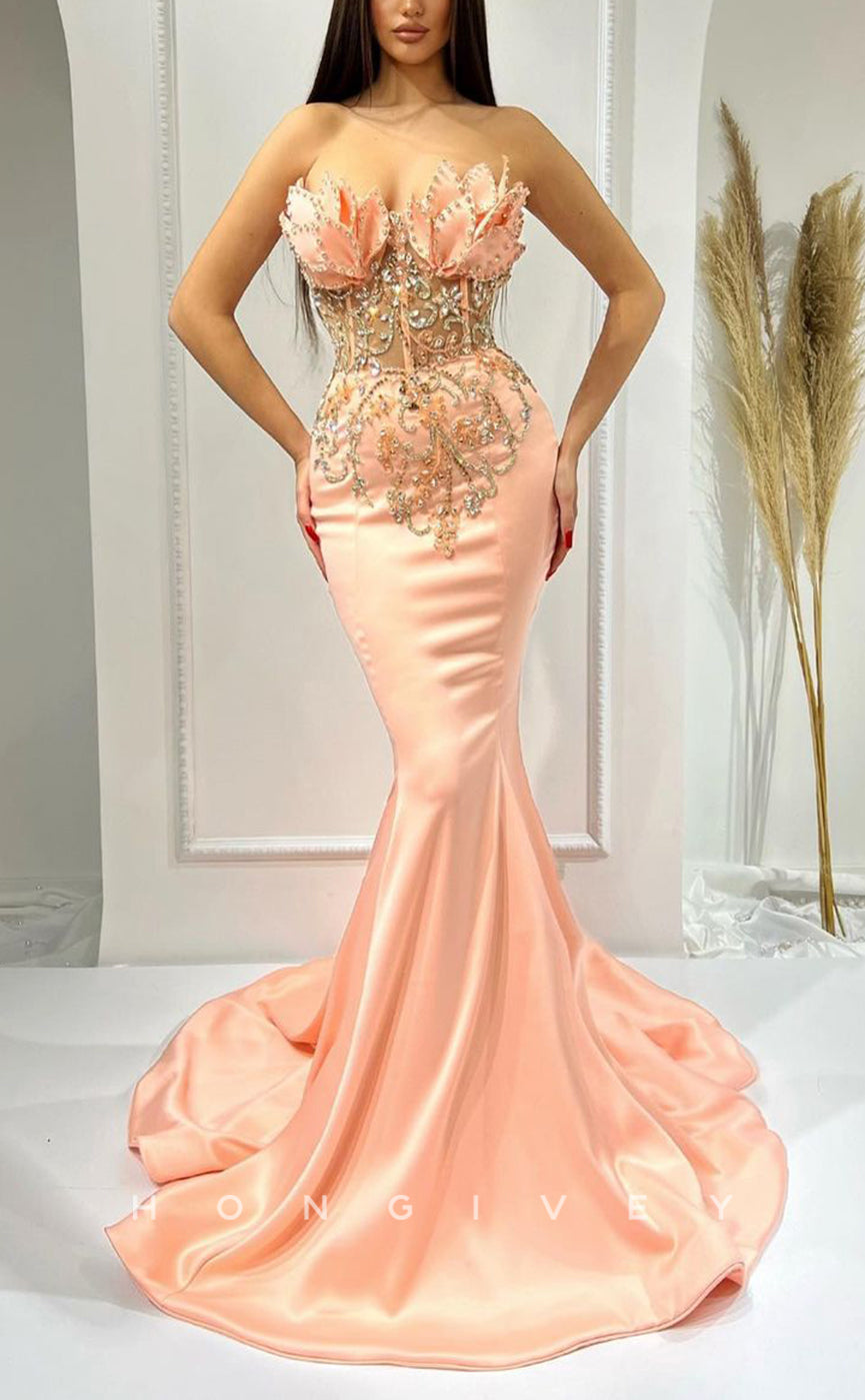 L1735 - Sexy Satin Trumpt Illusion Floral Strapless Sleeveless Beaded With Train Party Prom Evening Dress