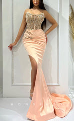 L1737 - Sexy Satin Fitted Glitter Bateau Sleeveless Empire Belt Ruched Beaded Party Prom Evening Dress