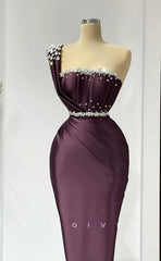 L1739 - Sexy Satin Fitted One Shoulder Sleeveless Empire Ruched Beaded Belt Party Prom Evening Dress