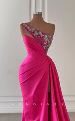 L1741 - Sexy Satin Fitted One Shoulder Sleeveless Empire Ruched Beaded Party Prom Evening Dress