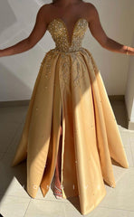 L1746 - Sexy Satin Glitter A-Line V-Neck Strapless Sleeveless Empire Beaded Party Prom Evening Dress