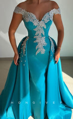 L1748 - Sexy Satin A-Line Off-Shoulder Empire Beaded Appliques With Train Party Prom Evening Dress
