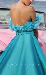 L1752 - Sexy Satin A-Line Off-Shoulder Empire Ruched Floral Embellished With Side SlitParty Prom Evening Dress