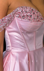 L1753 - Sexy Satin A-Line Off-Shoulder Empire Floor-Length Beaded Fringe Party Prom Evening Dress