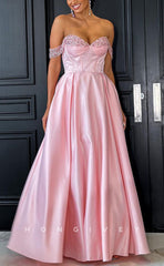 L1753 - Sexy Satin A-Line Off-Shoulder Empire Floor-Length Beaded Fringe Party Prom Evening Dress