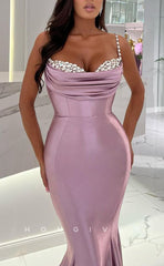 L1758 - Sexy Satin Trumpt Sweetheart Spaghetti Straps Empire Ruched Beaded Party Prom Evening Dress